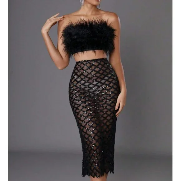 Black fuzzy Feather Trim Crop Tube Top & Sexy Sequin Pencil Skirt - Picture 3 of 9